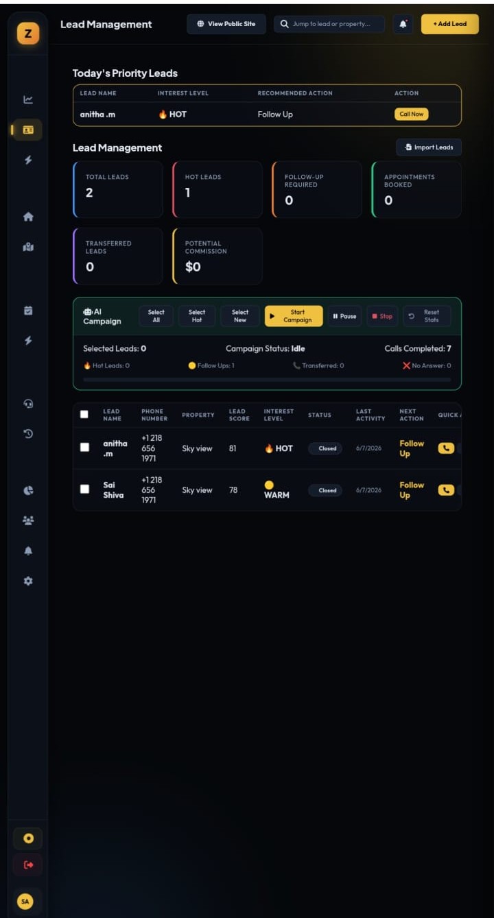 Zorvo AI Lead Management screen with priority leads, HOT/WARM status and AI campaign controls