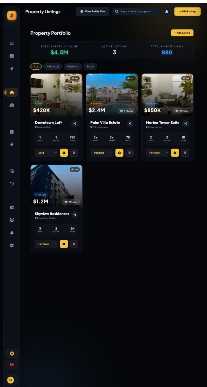 Zorvo AI Property Portfolio showing listings with photos, prices and status badges