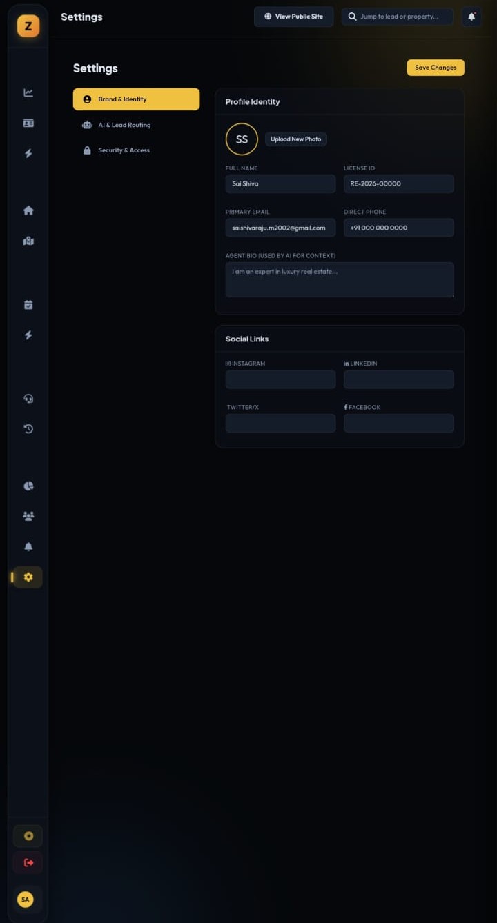 Zorvo AI Settings page showing agent brand identity, license, bio and social links